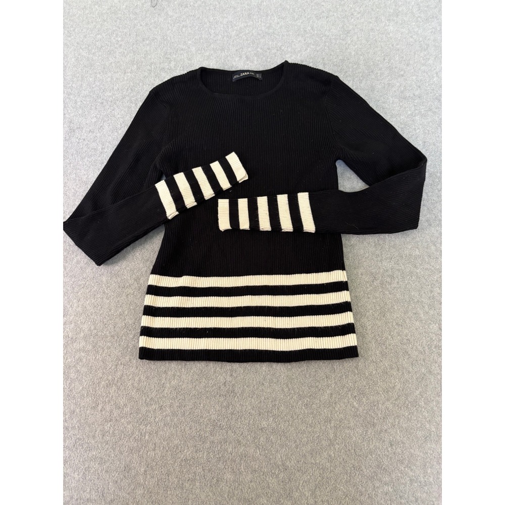 Zara Knit Womens Medium Black White Striped Ribbed Sweater Long Sleeve Pullover